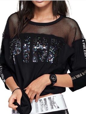 VS PINK Black Name Mesh Bling Sequin 3/4 Sleeve Top | Size M
